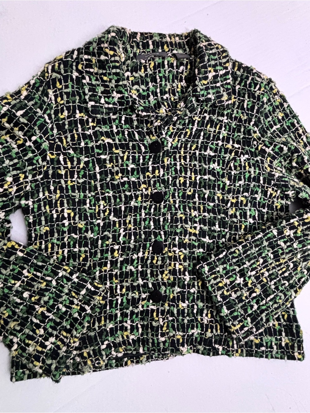 Liz Claiborne Green Black Tweed Snap Button Front Short Cropped Blazer Large
